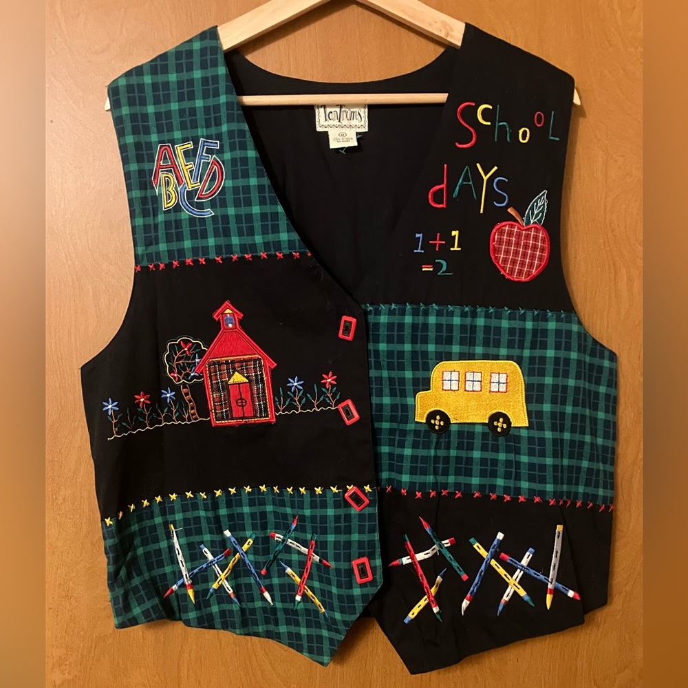 Tantrums Women's Multicolor Embroidered Applique Teacher Vest Vintage Size XL